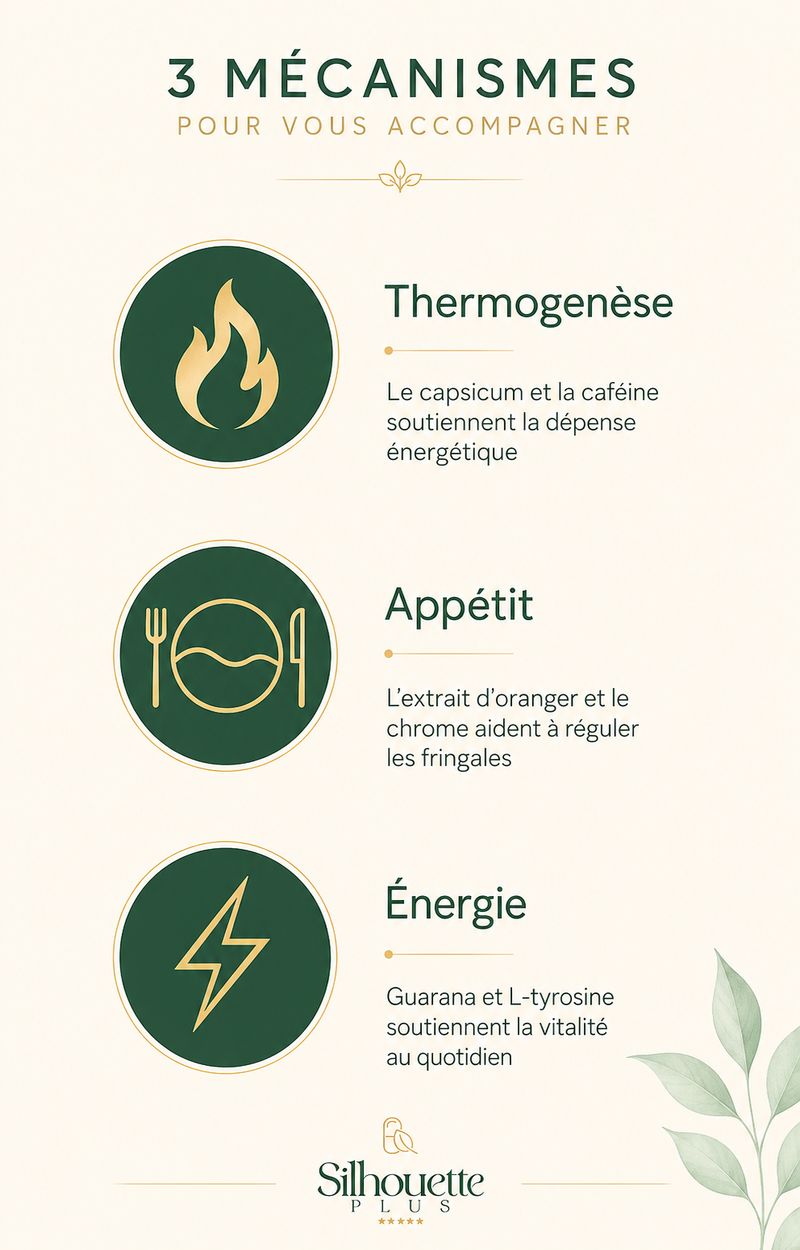 Les 3 mécanismes de Silhouette Plus : thermogenèse, appétit, énergie
